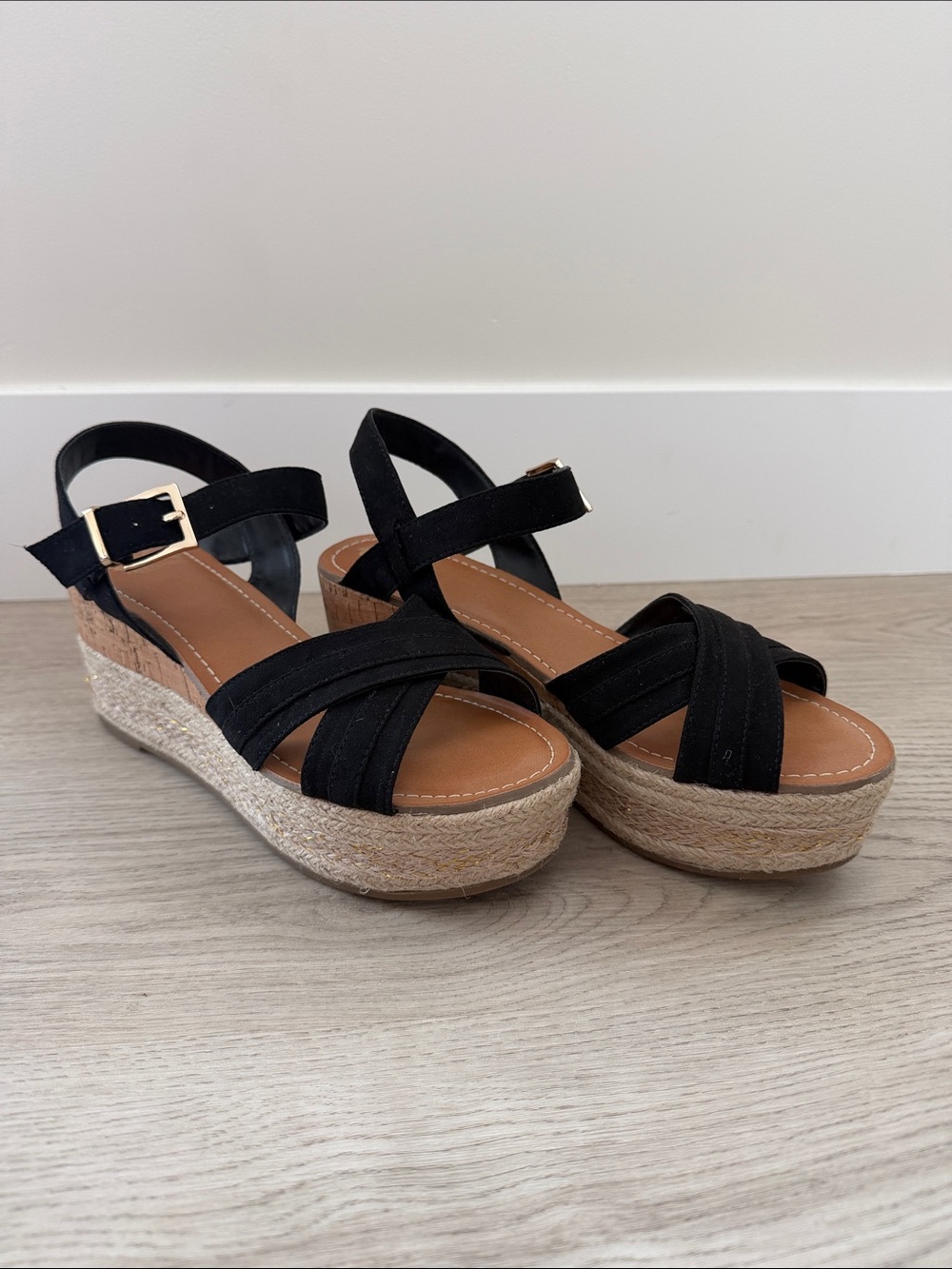 Fergalicious Black Crisscross Espadrille Wedge Sandals